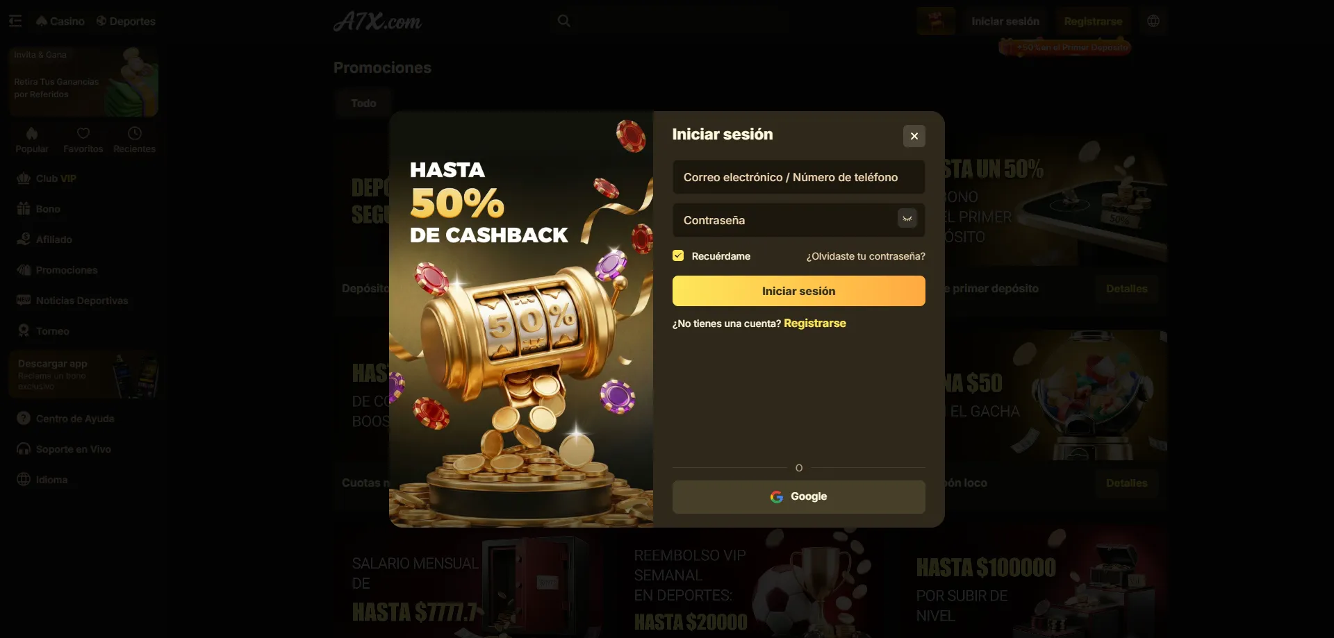 Requisitos y condiciones de bono en A7X Casino México