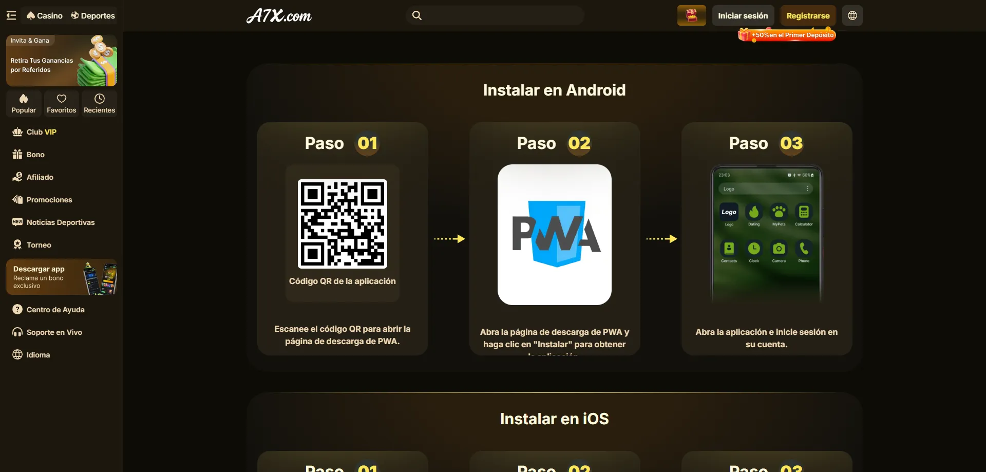 App móvil de A7X Casino — descarga APK para Android e iOS