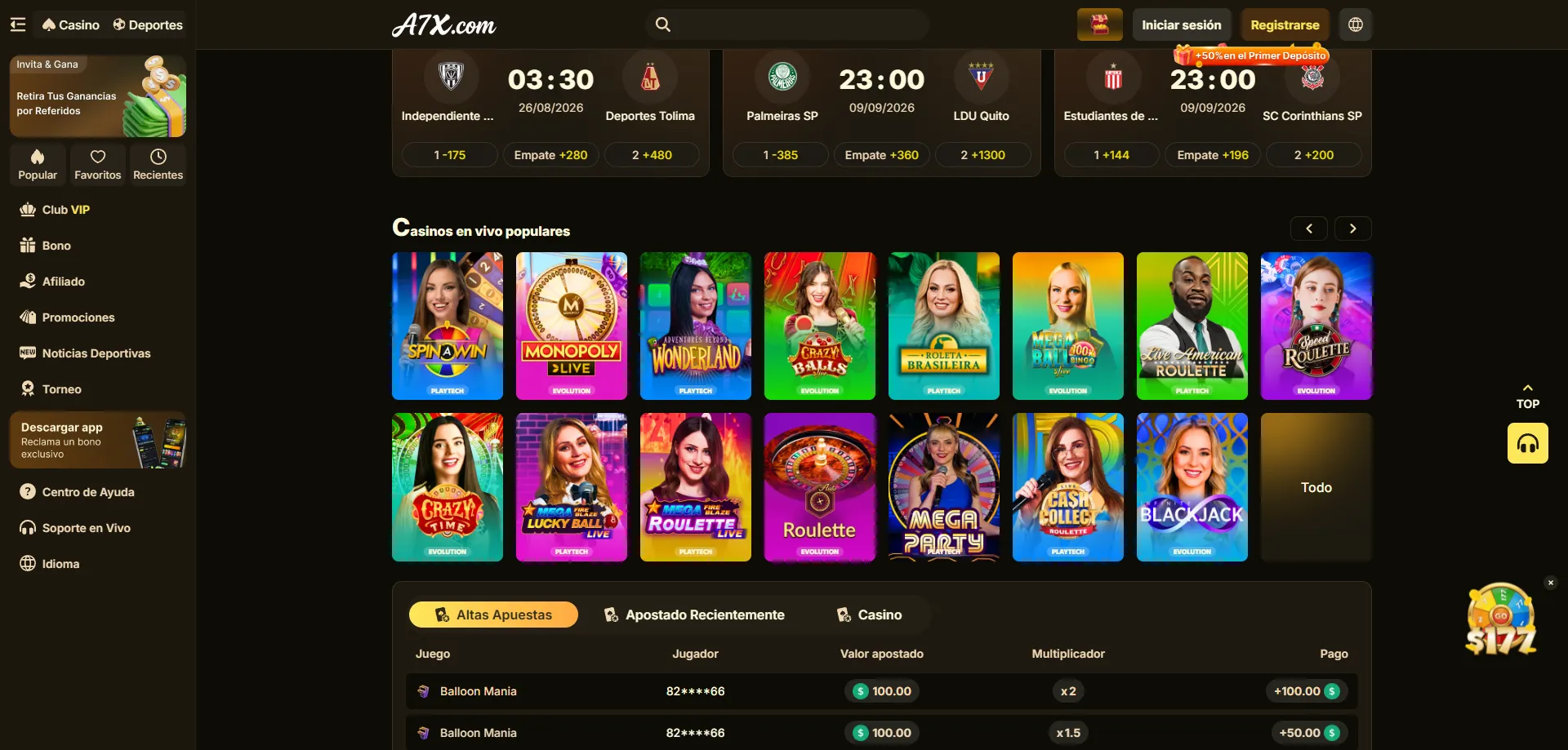 Proveedores de juegos en vivo y slots en A7X Casino