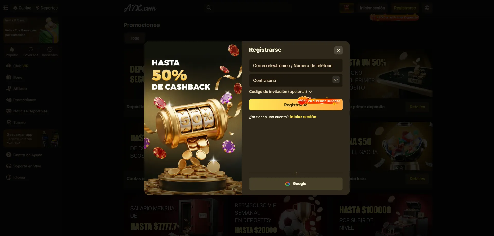 Vista general de A7X Casino plataforma de juegos en línea México